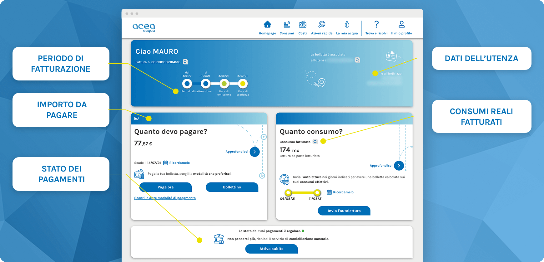 Inforgrafica che mostra le sezioni di una bolletta web di esempio